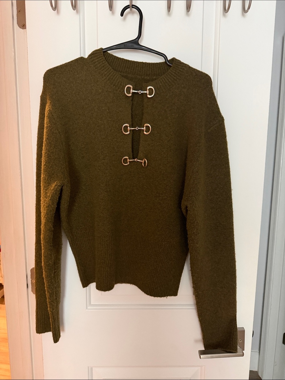 Commense Olive Crewneck Sweater with Gold Toggle Details